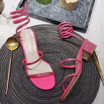 2020 Shiny Rhinestone Straps Sandal Heels for Women's Crystal Square Heel Sandals Summer Style Slip-On Shoes Luxury Brand Shoes